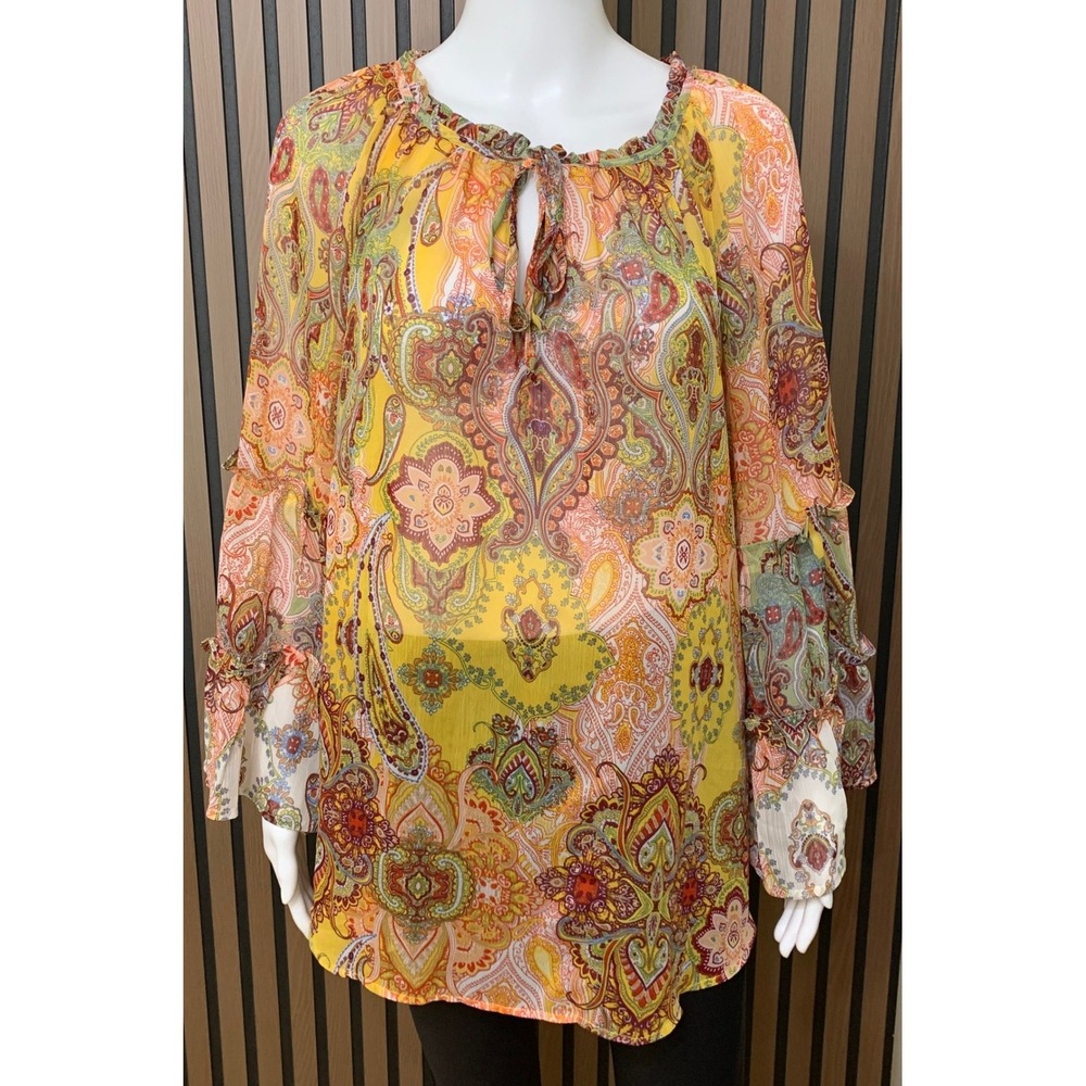 Fig and Flower Yellow Paisley Ruffle Sleeve Peasant Blouse Top 2X Boho Flowy
